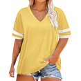 thumbnail image 2 of Bovemsi Ladies Loose Casual V Neck Short Sleeve Cuff Striped Patchwork Solid Color Womens T Shirt, Yellow Women's Summer Short Sleeve T-Shirts, XXL, 2 of 4