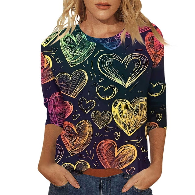 Hot Sale!! Hauts de la Saint-Valentin à Manches 3/4 pour Femmes Grande Taille, Tunique à Col Rond, Tenues Douces pour la Saint-Valentin Gris + S