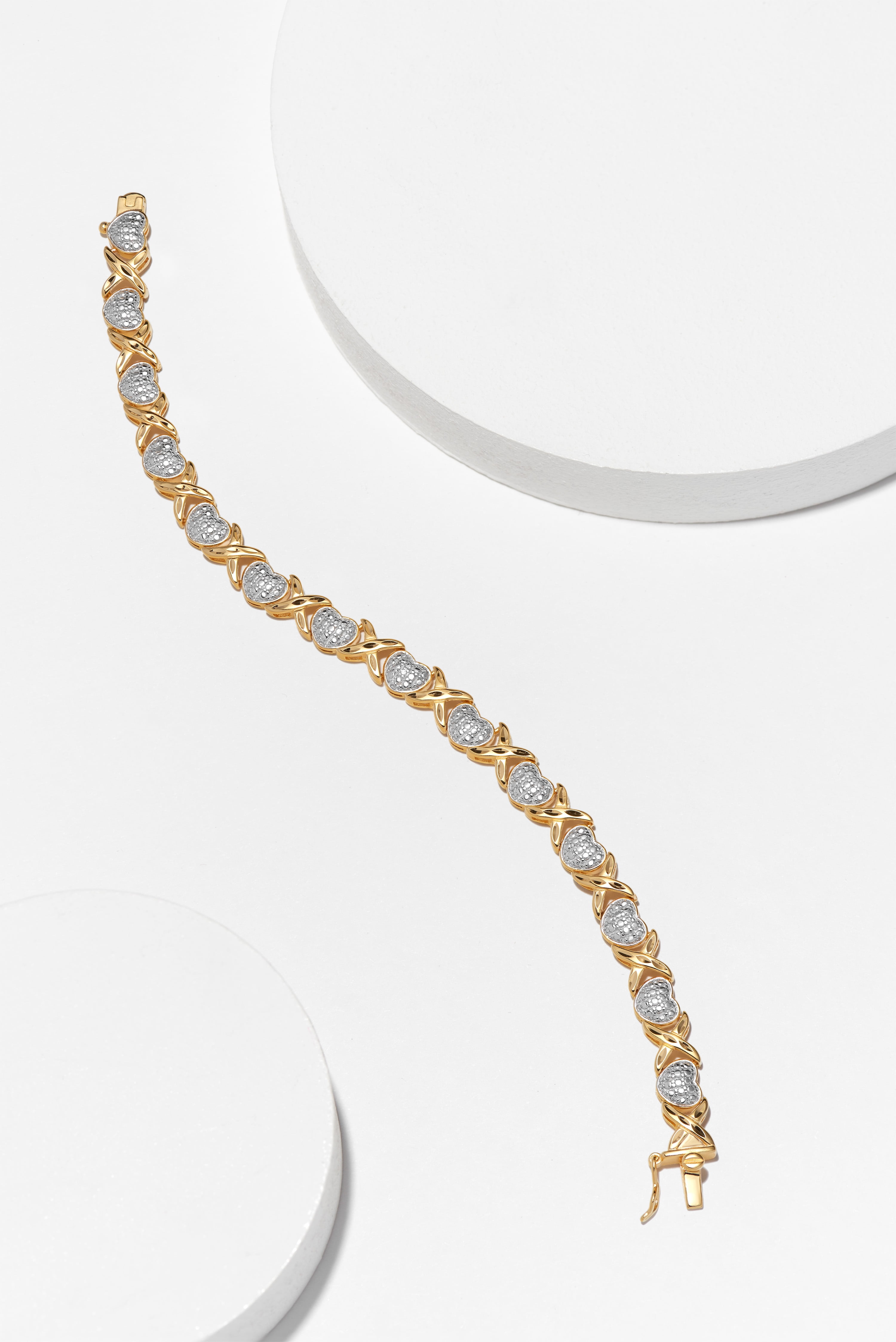 Forever Facets Diamond Accent Heart X&O Bracelet in 18k Yellow Gold over Sterling Silver , Adult Female