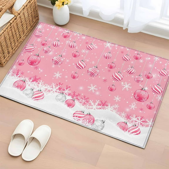 Pink Balls Christmas Bathroom Rug Washable 2x3 Entryway Rug Non Slip Christmas Ball Snowflake Xmas Front Door Mat Low Pile Indoor Doormat Throw Floor Carpet for Kitchen Bedroom Entrance