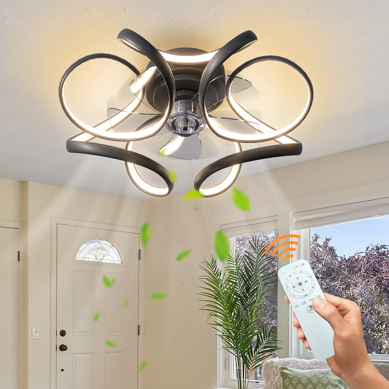 Surnie Ceiling Fan with Light, Modern Flush Mount Low Profile, Dimmable ...