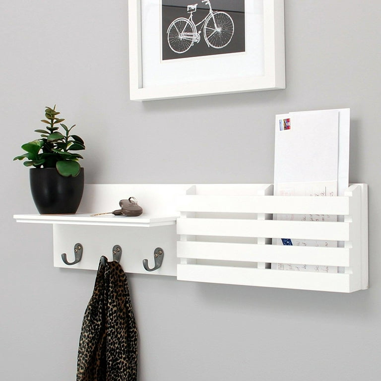 Wall Mounted White Floating Shelf With Key Holder Hooks