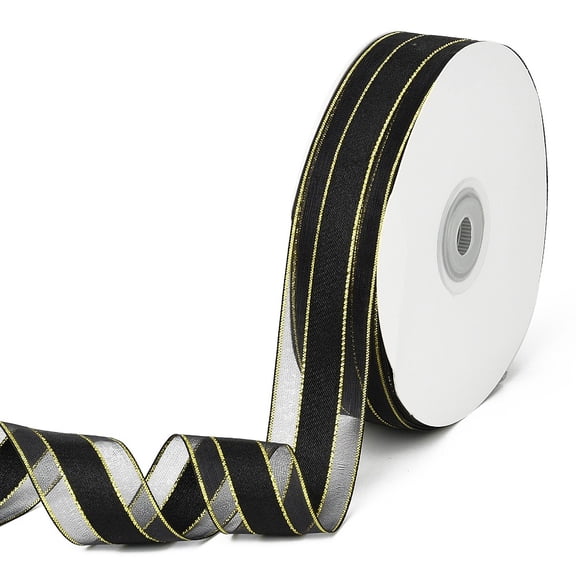 DanLingJewelry 1 Roll 50 Yards Black Color Organza Ribbon 25mm Golden Wired Edge Gift Wrapping Ribbons for Crafts Decoration
