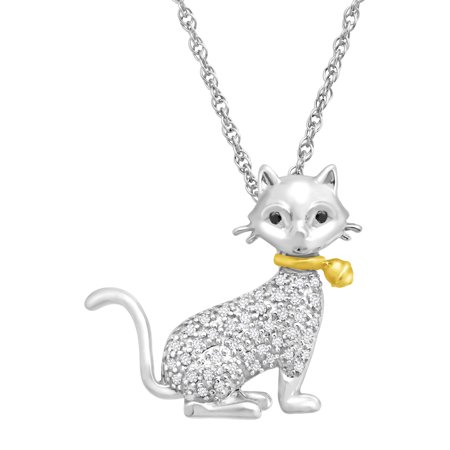 Duet 1/8 ct White & Black Diamond Cat Pendant Necklace in Sterling Silver & 14kt Gold