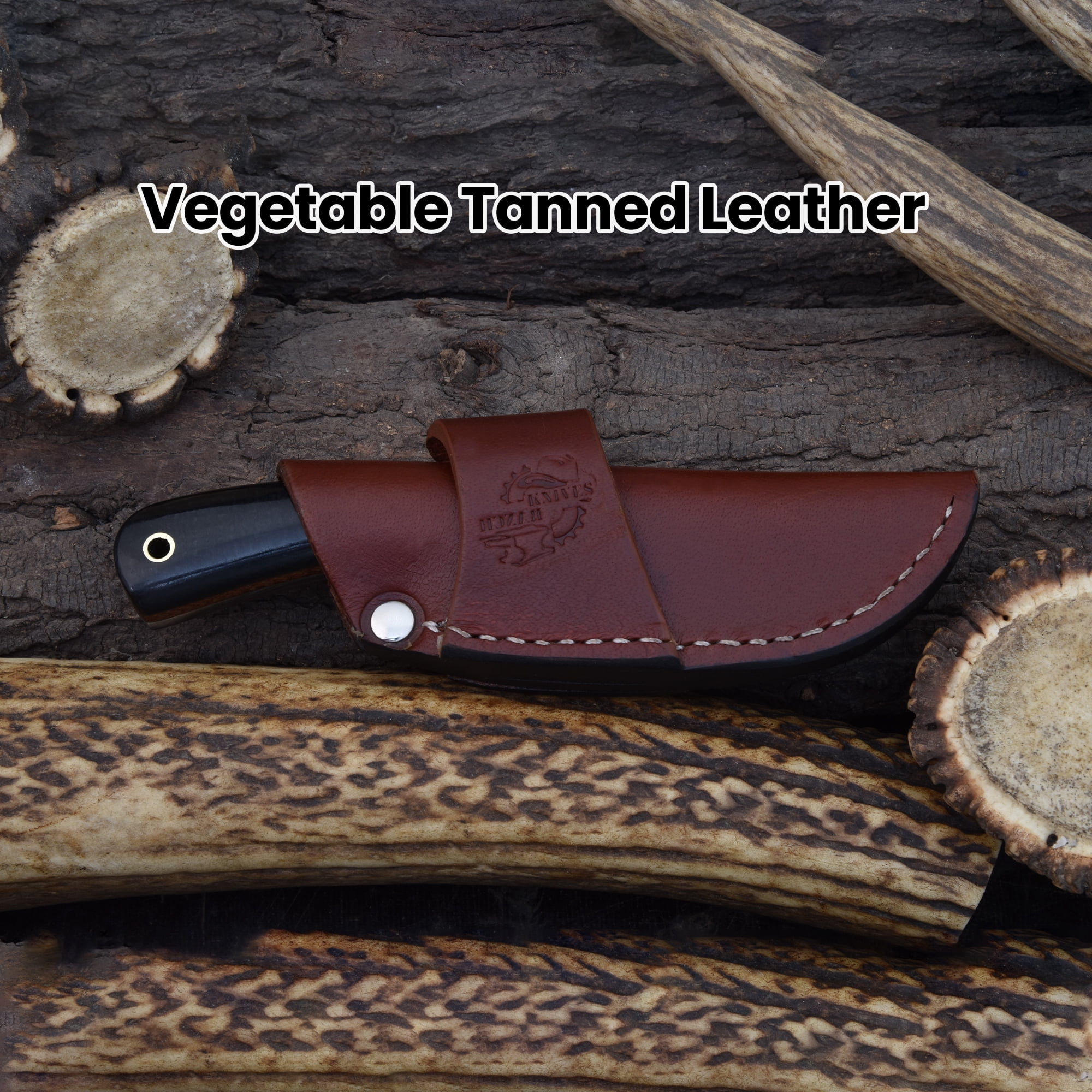 Knives Ranch Handmade Everyday Carry Knife - Full Tang Damascus Steel Blade - Horizontal Leather Sheath - Fixed Blade Utility Knife with Micarta Handle