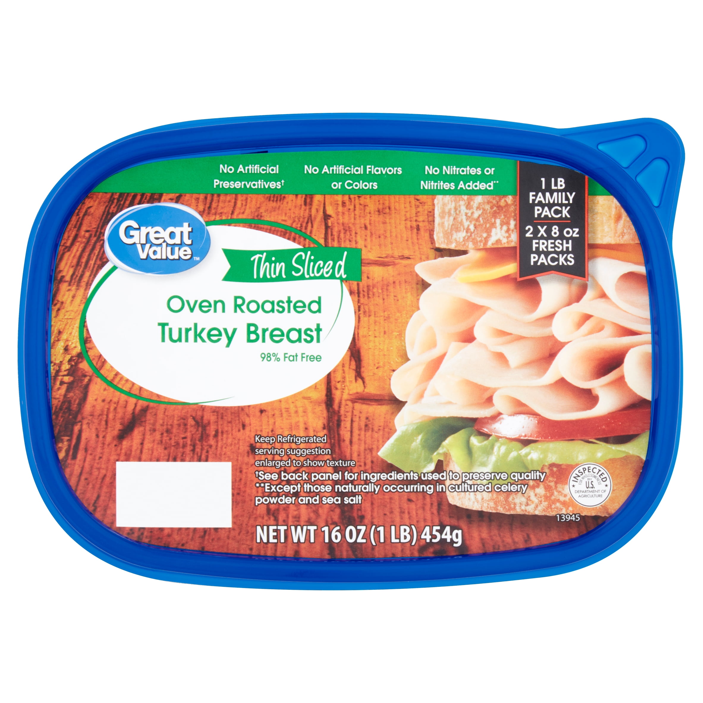 Great Value Thin Sliced Oven Roasted Turkey Breast Family Pack, 8 oz, 2 ...