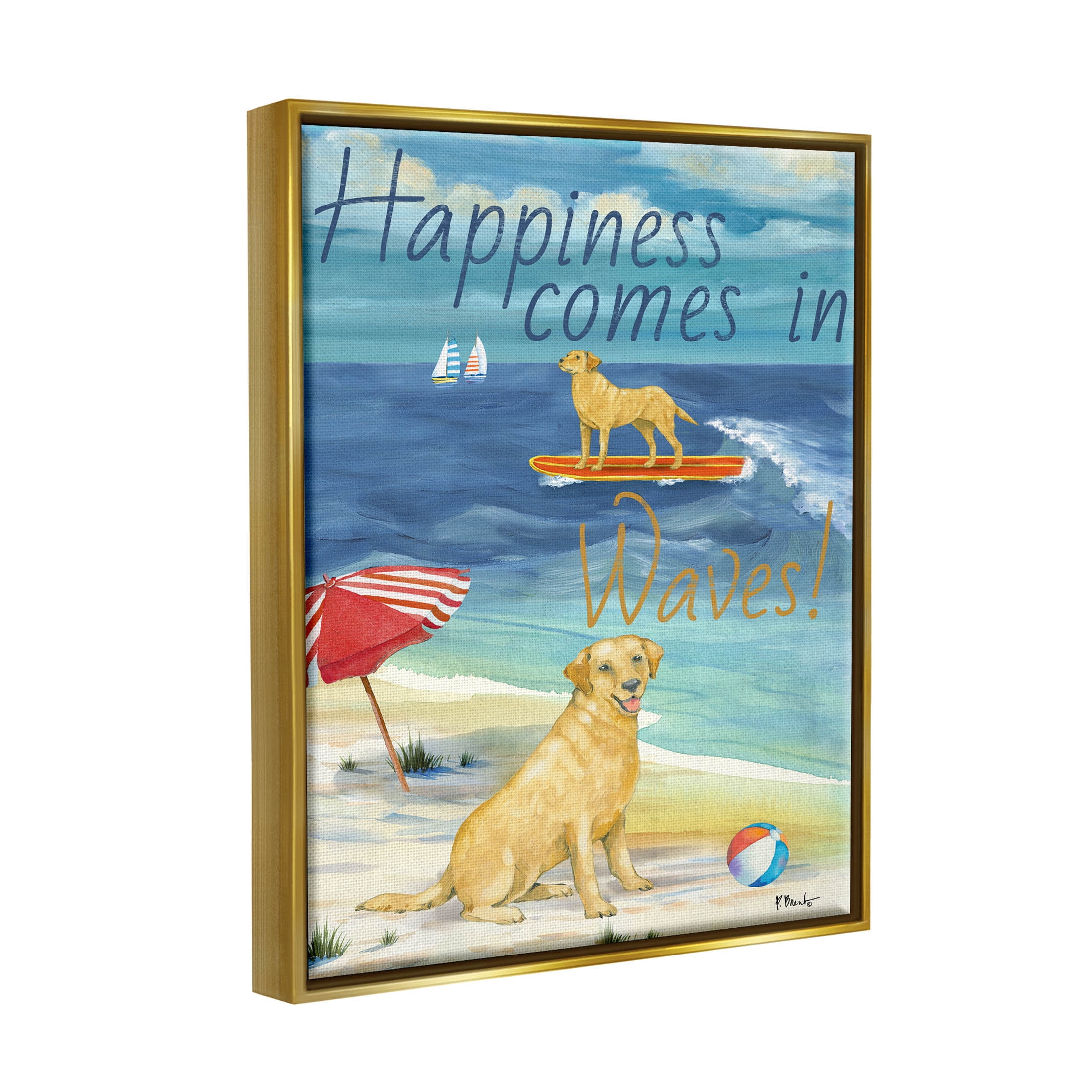 Stupell Industries Surf Pup Happiness in Waves Graphic Art Metallic Gold Floating Framed Canvas Print Wall Art, Design by Paul Brent