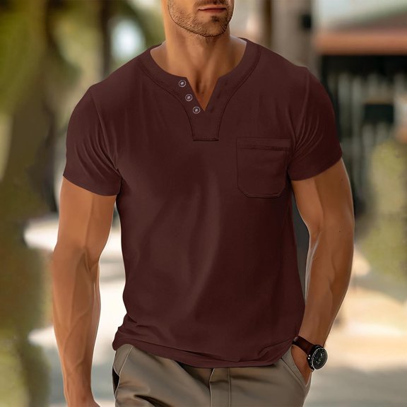 hlysgo Mens Henley Short Sleeve Shirts with Pocket Causal Solid Color 3 Button up T Shirt Classic Fit Going Out Pullover Basic Daily Tops Wine XXXL