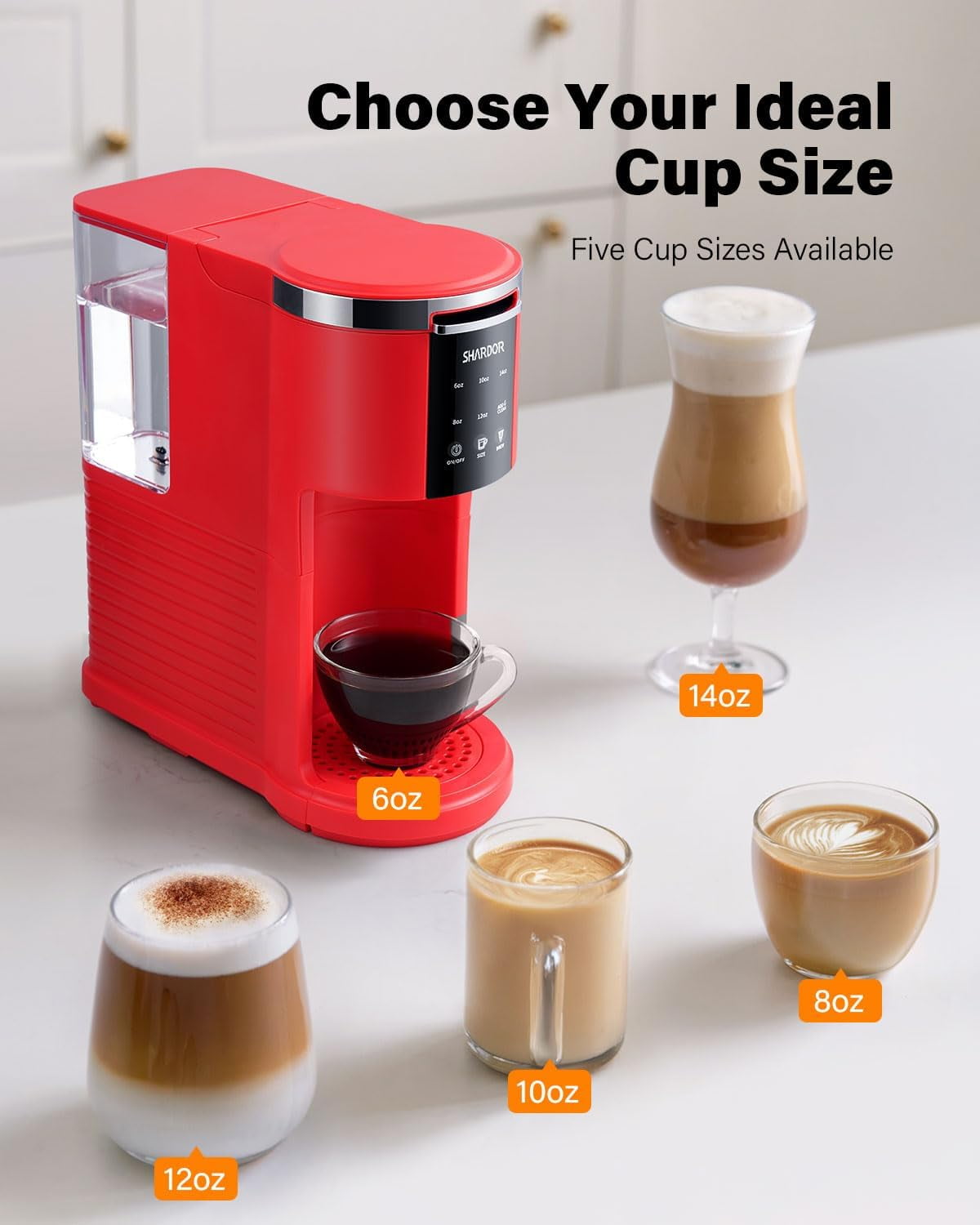 Single Serve Coffee Maker with , Ground Coffee & Tea Compatibility, 6-14oz Adjustable Sizes, 40oz Water Reservoir, Red