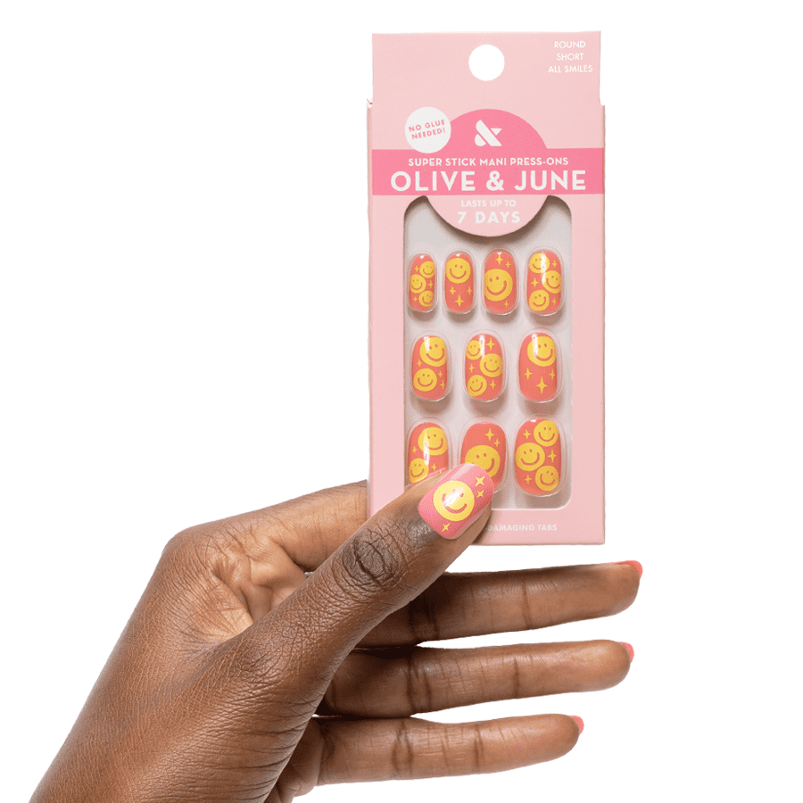 Olive & June Super Stick Mani Round Short Press-On Tabs, Happy All Over, 32 Pieces
