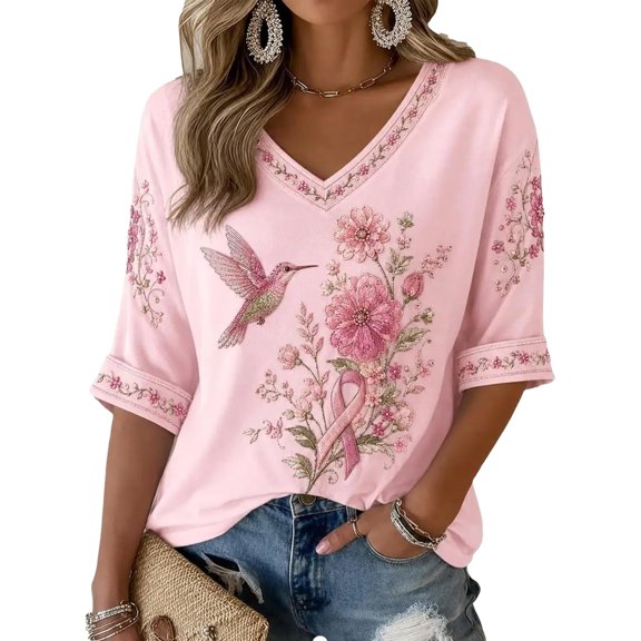 Womens Breast Cancer Shirts Pink Ribbon 3/4 Sleeve Vneck Shirt Cancer Awareness T-Shirt Spread The Hope Shirt