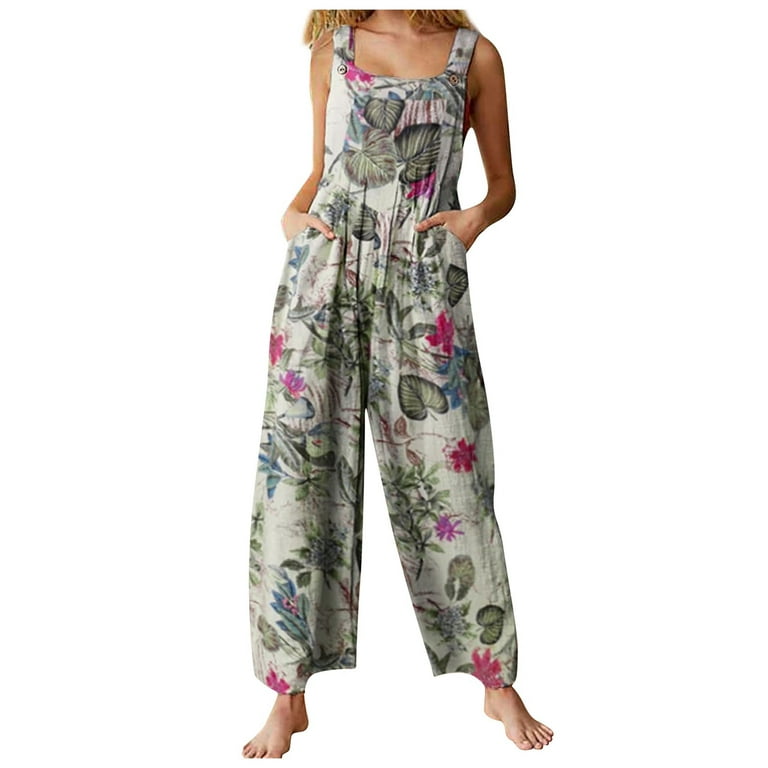 FAFWYP Women's Summer Boho Loose Jumpsuits Casual Sleeveless Spaghetti  Strap Flowy Wide Leg Pants Bodysuit Vintage Printed Square Neckline  Overalls Suspender Rompers with Pockets 