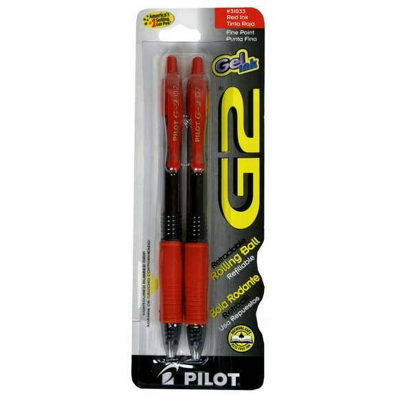 Pilot G2 Retractable Gel Ink Pens, Fine Point, Red, 2-Count (Pack of 2)
