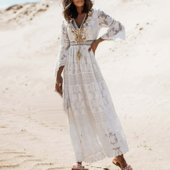 Njagoc3 Womens Long Sleeve V - Neck Printed Maxi Dress, Boho Casual Gown, Summer Beach & Vacation Wear