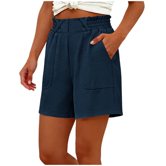 hoksml Women's High Waist Smocked Shorts, Elastic Waist Casual Shorts with Pockets, Solid Color Summer Loose Fit Shorts