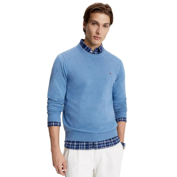 Jersey Tommy Hilfiger liso con cuello redondo para hombre, azul vaquero, XXL