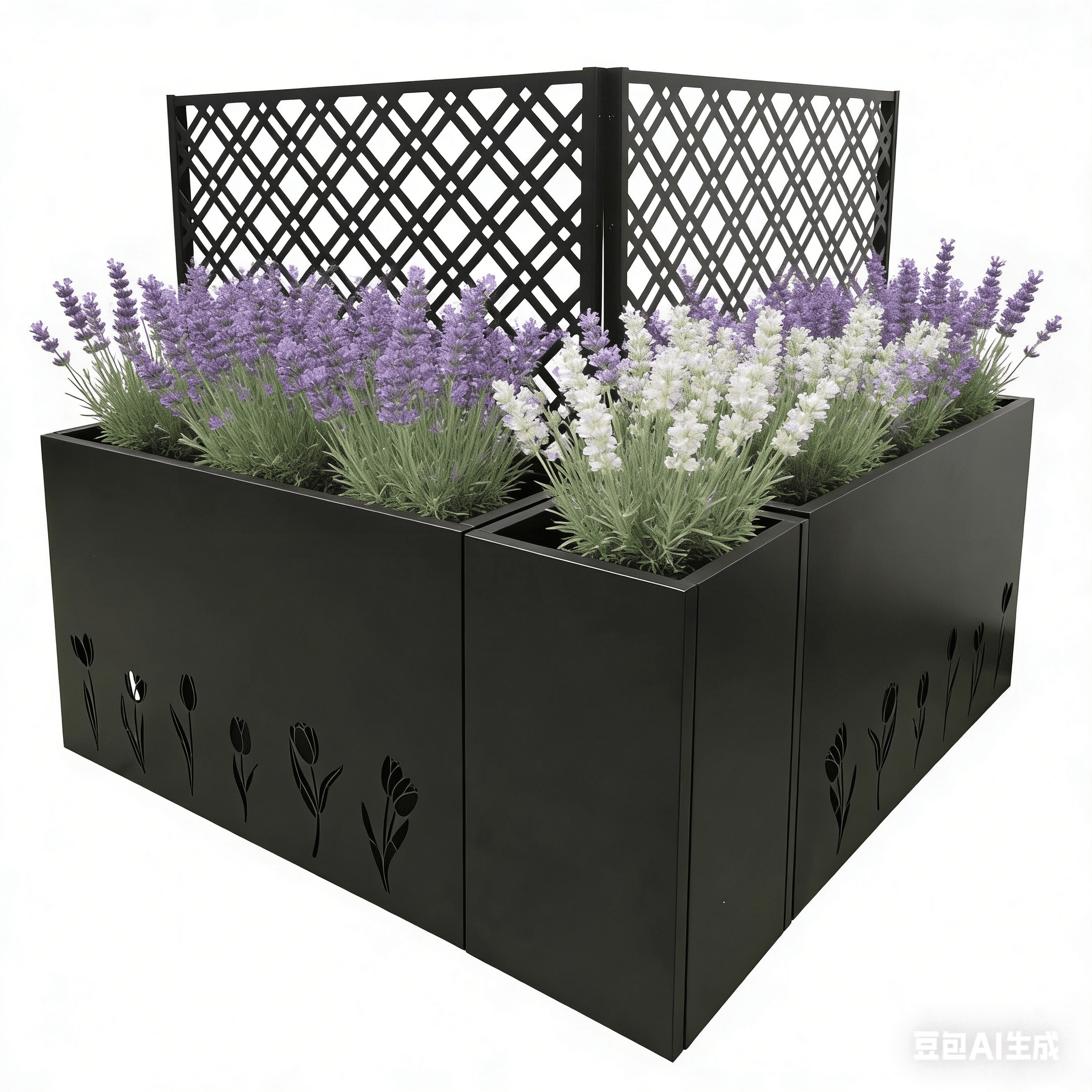 Mintazer Corner Metal Planter Box Set of 3 with Trellis & Tulip Pattern, Outdoor 47.3 in Raised Privacy Screen with Drainage Holes for Patio, Black