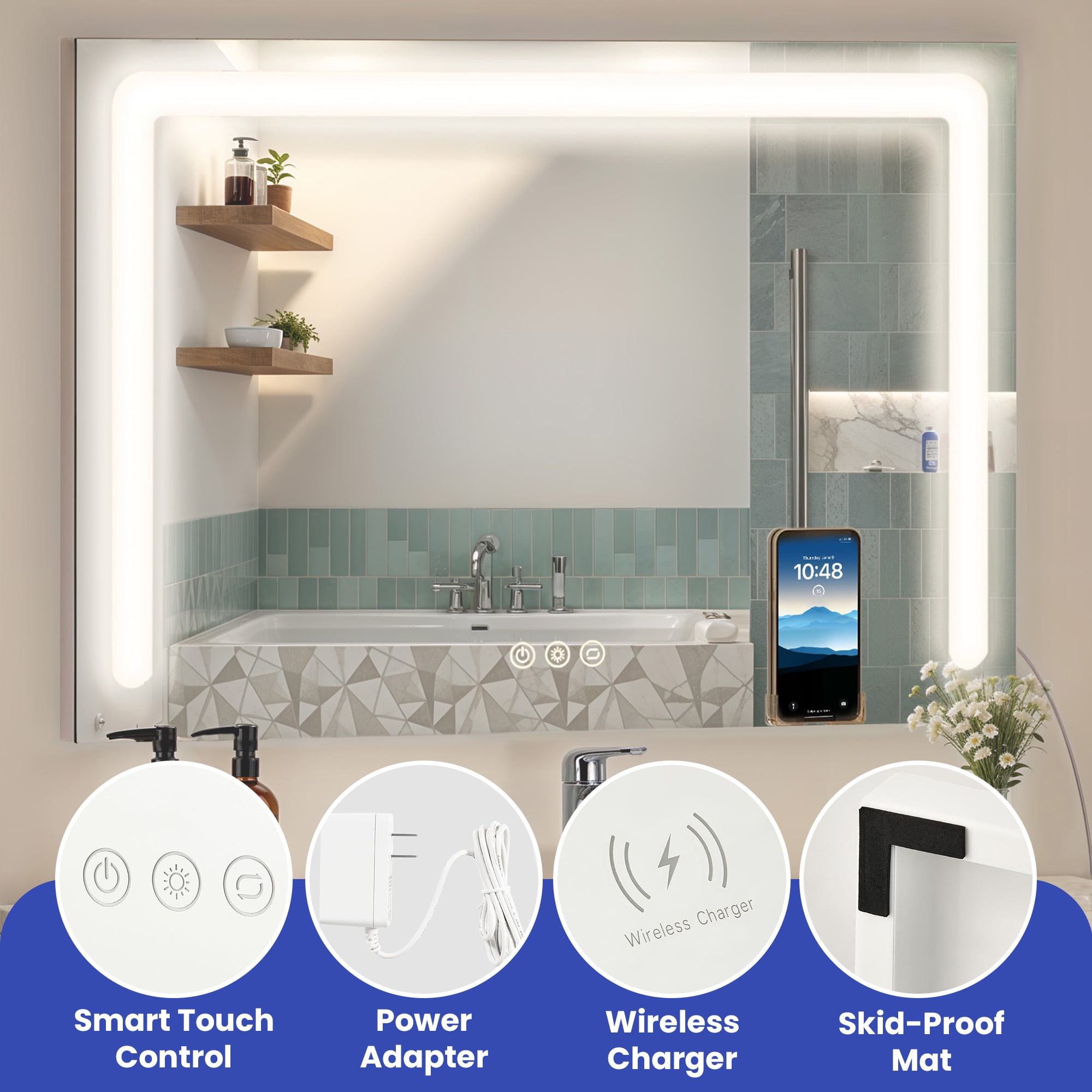 Uforic 23''x17'' Vanity Mirror with LED Lights & USB, Vanity Makeup Mirror with Bluetooth Tabletop Wall Mount, Led Mirror Makeup with 3-Color Lighting, White