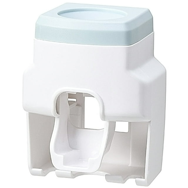 Dispensador automático de pasta dental azul sin necesidad de perforaciones, con tecnología de vacío y soporte para cepillos, ideal para ahorrar espacio y mantener la higiene en el baño.