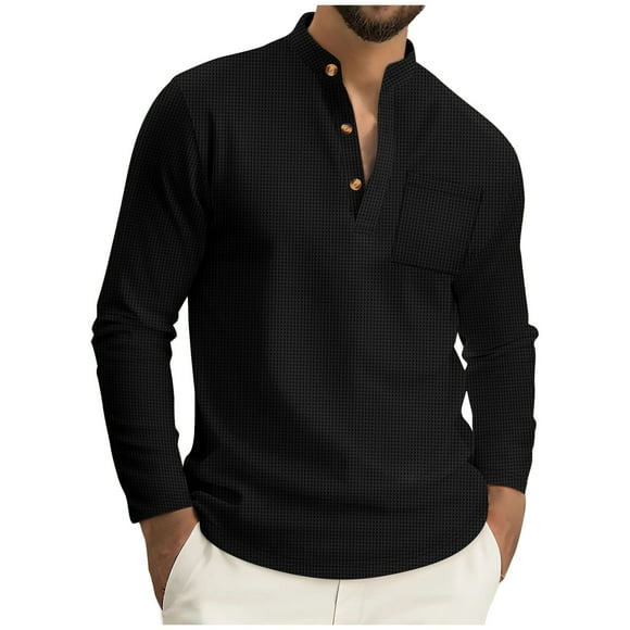 LNWUY Men's Henley Shirts Cotton Long Sleeve T-Shirts 3 Button Pocket Tops Lightweight Comfort Casual Basic Tee Black XL