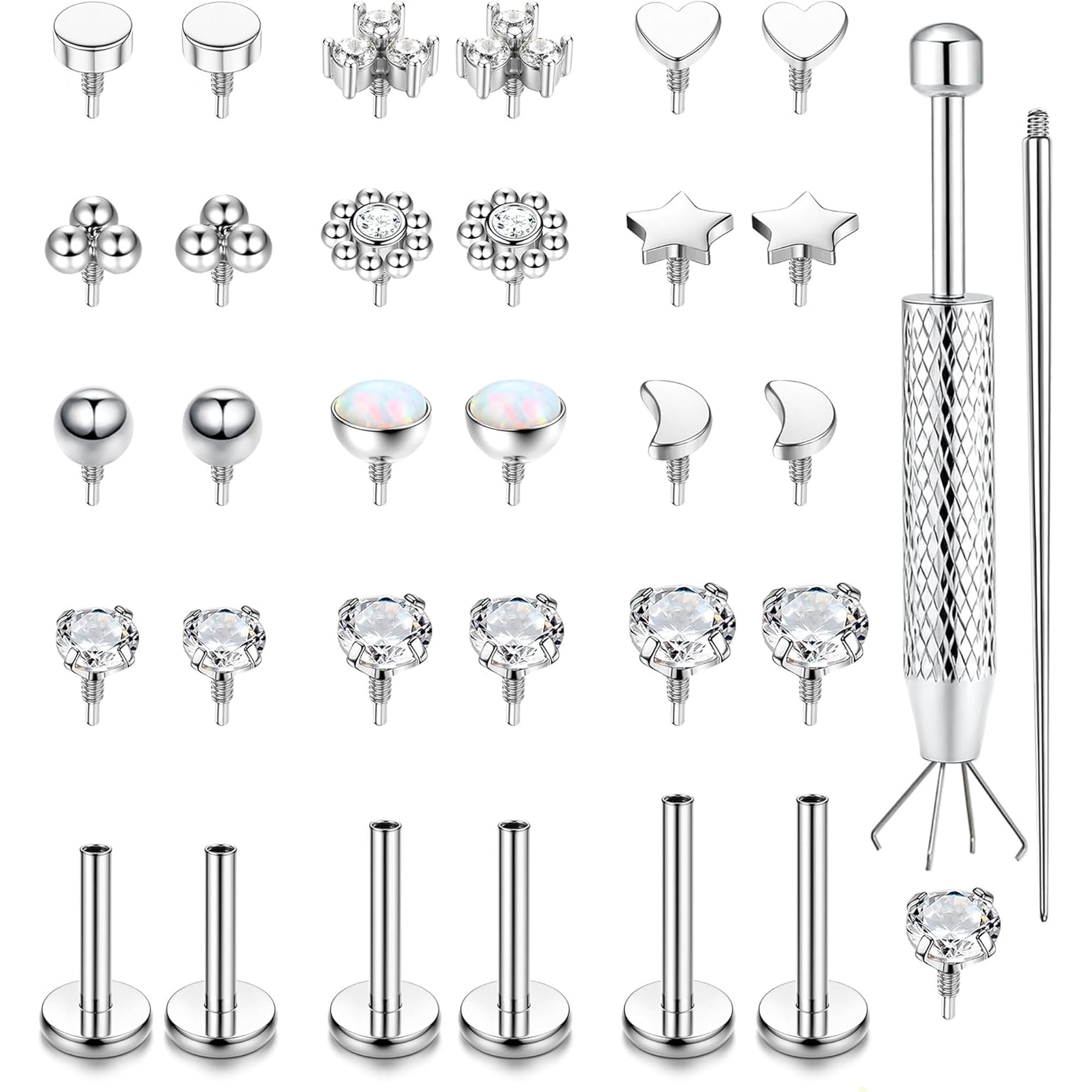DESIGNICE 16G 18G Flat Back Stud Earrings for Women-Hypoallergenic Surgical Steel Internal Thread Stud Piercing Jewelry for Tragus Helix Cartilage Conch Nose 6Mm 8Mm 10Mm Lip Labret Medusa Piercing