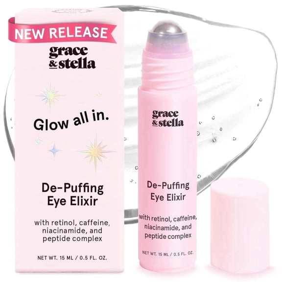 Grace & Stella Retinol and Caffeine Eye Brightener Roller, Hydrating Serum for Dark Circles and Puffiness, All Skin Types, 15 mL
