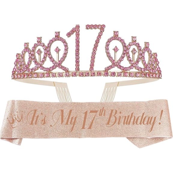 EBE EmmasbyEmma 17th Birthday Pink Sash & Tiara Set - Glitter Sash   Rhinestone Tiara