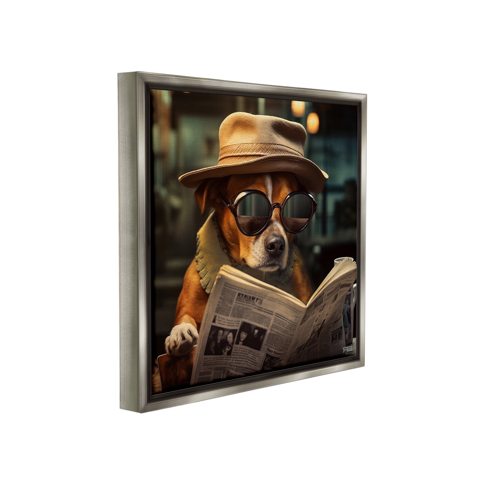 Stupell Industries Dog Reading Newspaper Animals & Insects Painting Gray Floater Framed Canvas Art Print Wall Art, 25 x 25