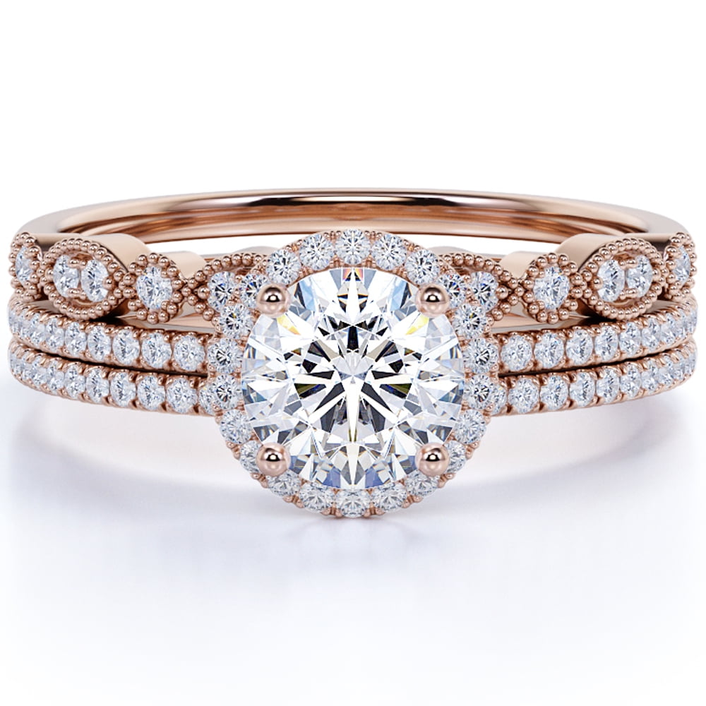 JeenMata 1.5 carat Round Cut Moissanite Trio Wedding Ring Set in 18k Rose Gold Over Silver Stunning Ring