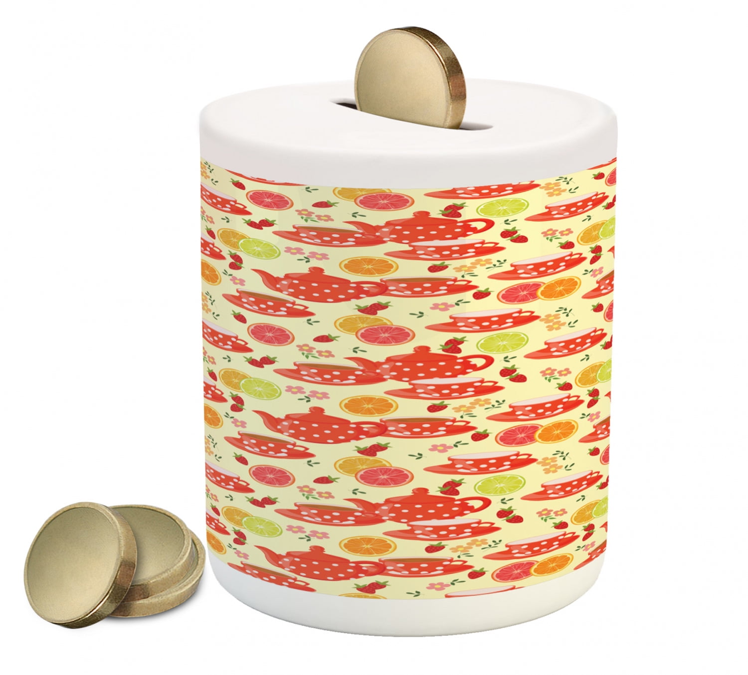 Modern Piggy Bank, Teapots and Cup with Polka Dots Lime Orange and Strawberry Fruits Display