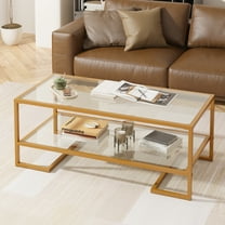 2 Tier Tempered Glass Coffee Table, Rectangle Modern Center Table with Metal Frame, Glass Accent Table Open Storage Shelf for Living Room, Office, Golden