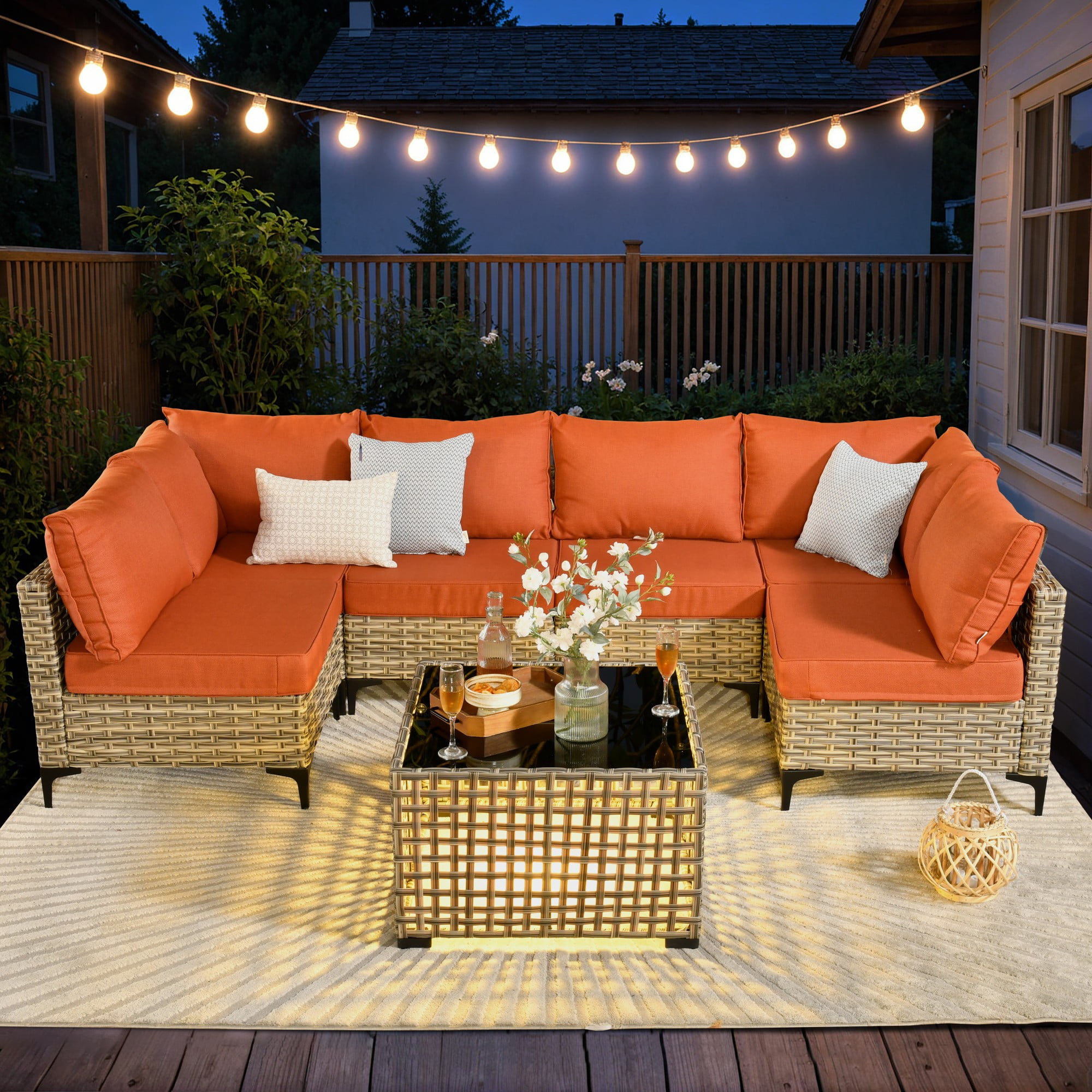 Ovios 7 Pieces Outdoor Patio Furniture Wicker Conversation Sectional with Solar Lamps Coffee Table for Backyard
