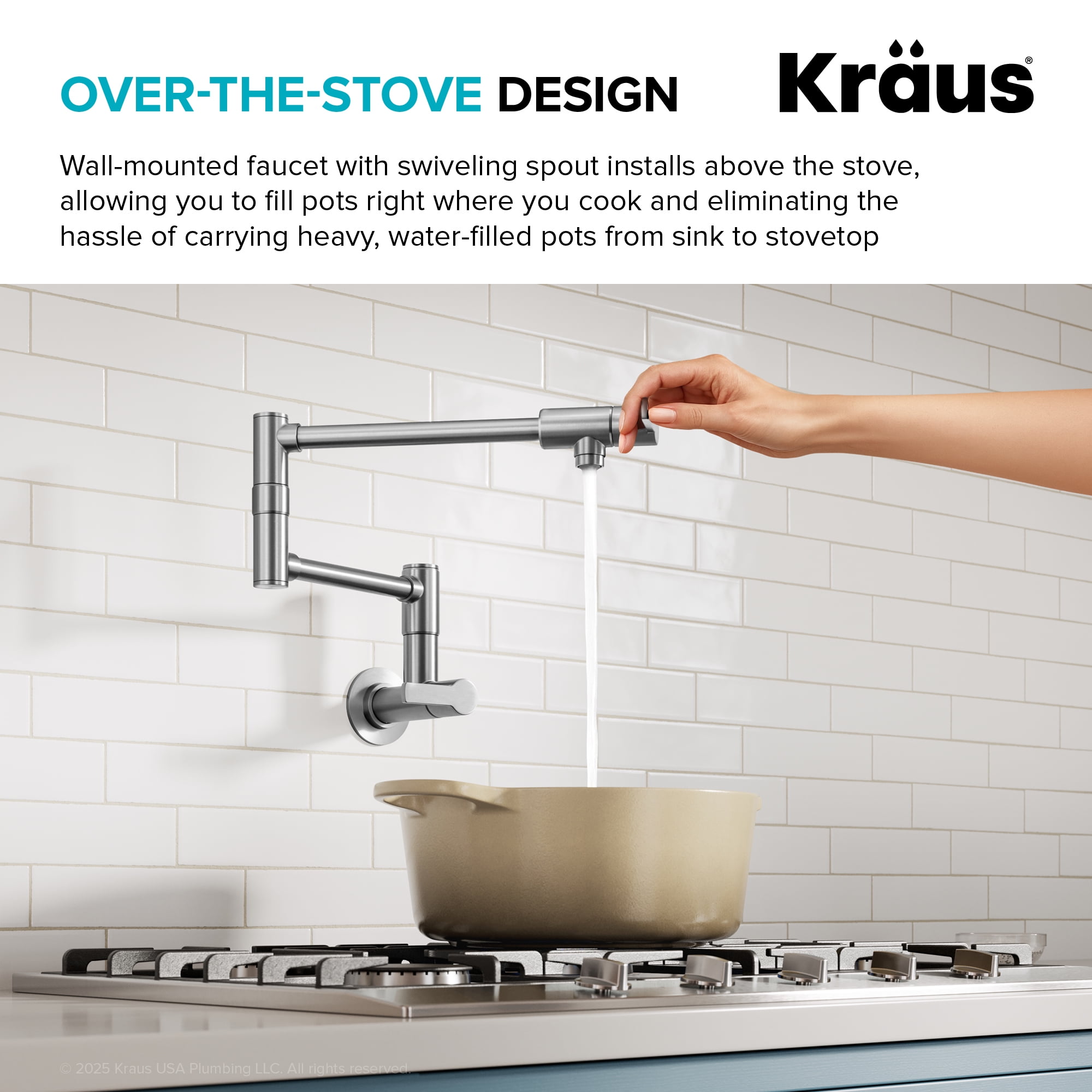 KRAUS® Oletto™ Wall Mount Pot Filler Kitchen Faucet with Retractable Arm in Spot-Free Stainless Steel