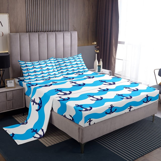 Erosebridal Cartoon Anchor Bed Sheets Set Full Size, Ocean Wave Bed Sheets Full, Stripe Geometry Decor 4pcs
