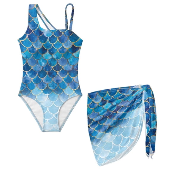 SEANATIVE Girls One-Piece Swimsuits with Mesh Cover-up Skirt One-Piece Bathing Suits Back Cutout Stylish Swimwear for Kids Teenagers, Size 7-8, Blue Gradient Mermaid Scale Print