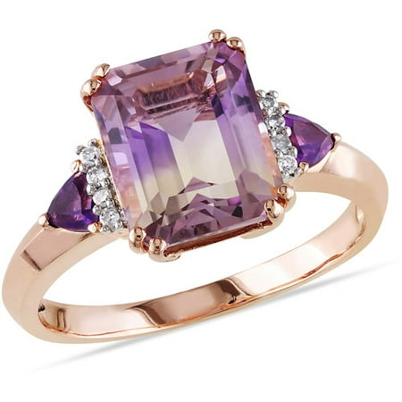 3-1/2 Carat T.G.W. Ametrine and Amethyst with Diamond-Accent Rose Rhodium-Plated Sterling Silver Three-Stone Cocktail Ring