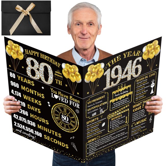 Large Happy 80th Birthday Card, 80th Birthday Giant Guest Book, Black Gold Birthday Giant Card for Men Women, The Year 1946 Jumbo 80 Bday Card With Envelope