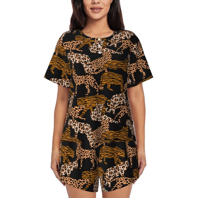 Balery Leopard Print Conjunto de Pijama para Mujer con Estampado, Dos Piezas de Manga Corta y Shorts, Ropa de Dormir Suave con Cuello Redondo y Bolsillos-XX-Large