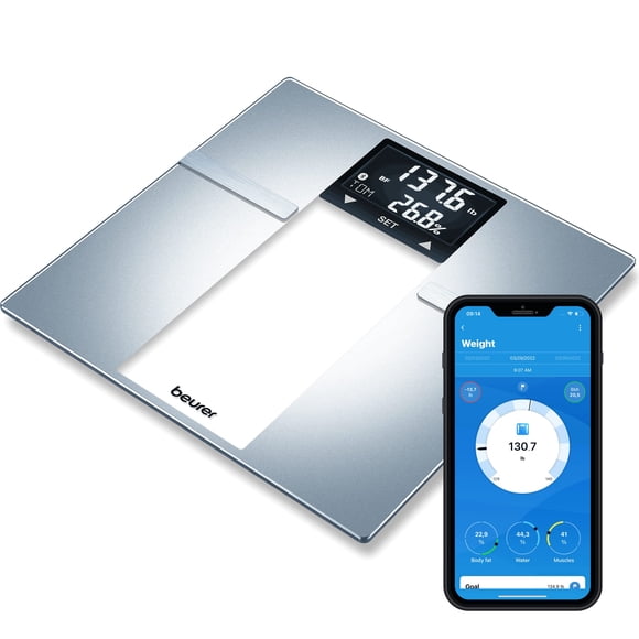 Báscula inteligente Beurer BF720 para peso corporal, grasa corporal, agua corporal y más: capacidad de 181 kg, aplicación Bluetooth, registro de calorías, reconocimiento de usuario, pantalla LCD XL, b