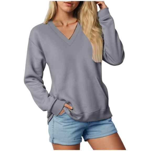 larppty Womens Sweatshirts V Neck Long Sleeve Soft Sweatshirt Oversized Fall Fashion Hoodies Pullover with Pocket (Grey, XL)