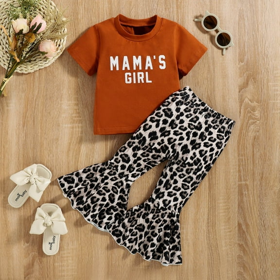 XMMSWDLA Toddler Girl Clothes Baby Girls Fashion Solid Color Short Sleeve Top Leopard Print Flared Pants Suit