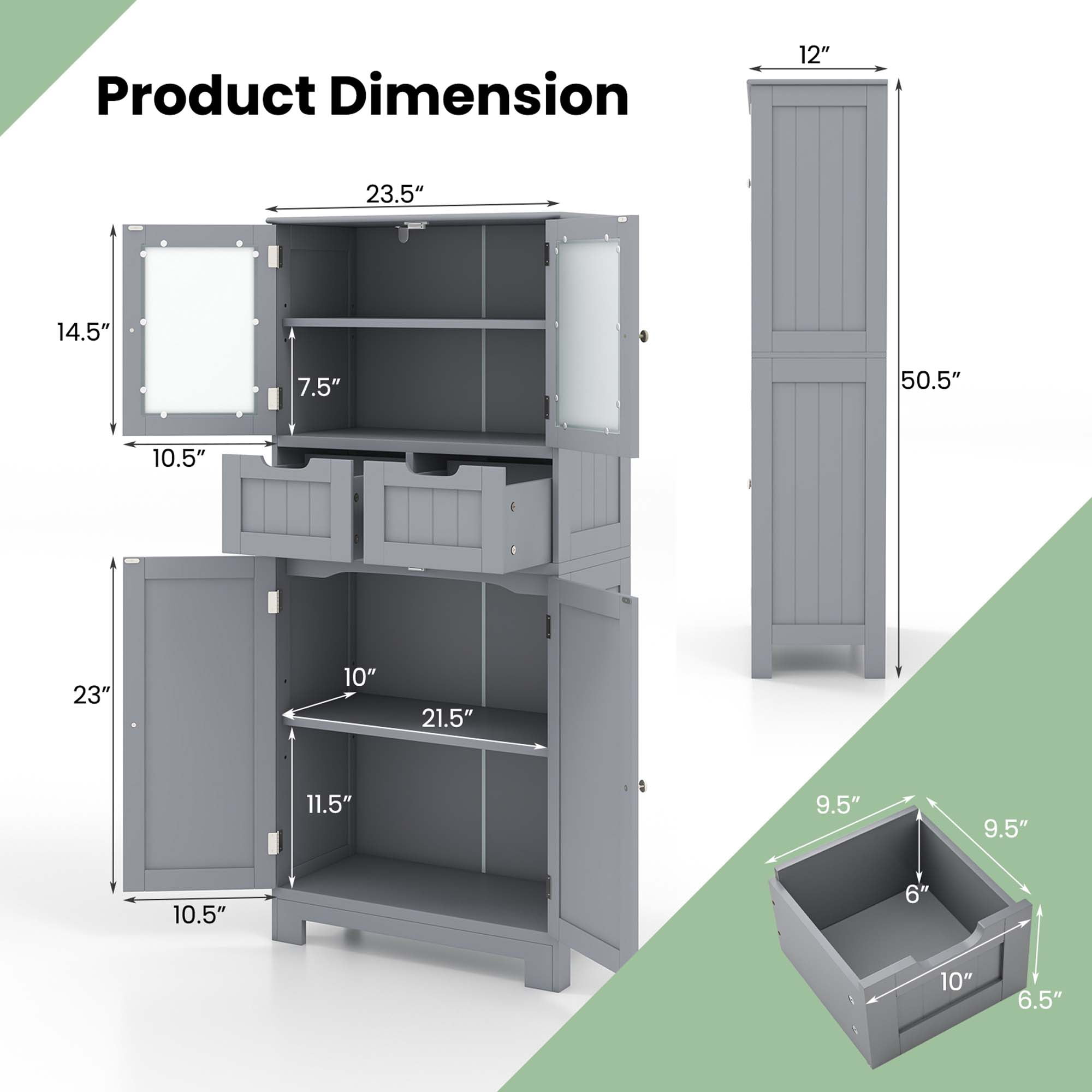 Costway Bathroom Floor Storage Cabinet Kitchen Cupboard with 2 Drawers & Glass Doors Gray