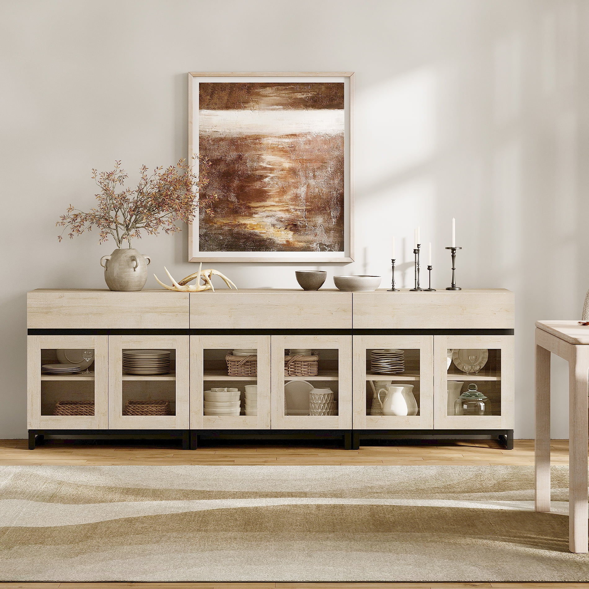 WAMPAT 94.5" Multifunctional Modern Sideboard Buffet Cabinet with 6 Glass Doors & 3 Drawers, Credenza & Coffee Bar Storage Cabinet for Living Room & Kitchen
