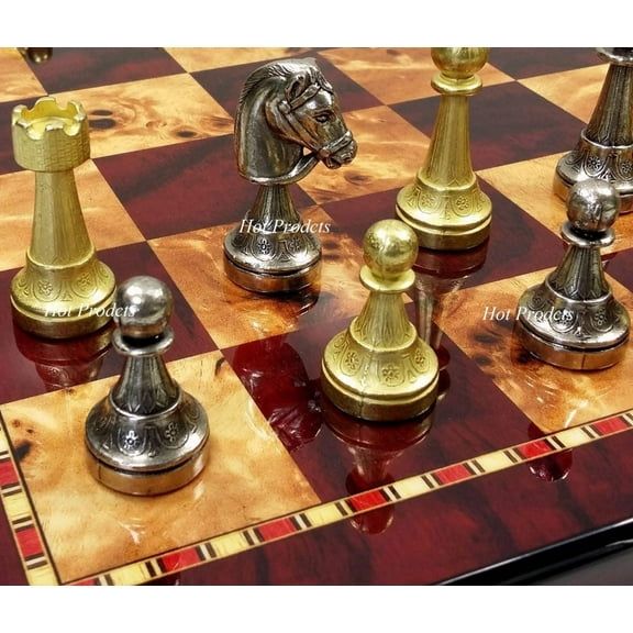 Italfama Brass Metal Etched Staunton Chess Men Set W/ 18" Cherry Color Board