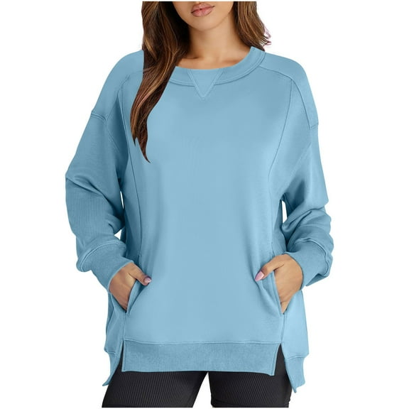 Womens Oversized Sweatshirts Crewneck Long Sleeve Pullover Tops Casual Fleece Side Slit Sweatshirts Fall Fashion Clothes with Pocket