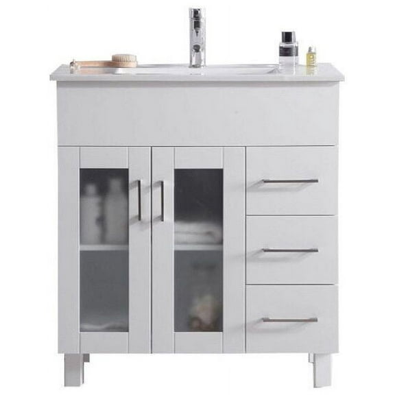 32 Inch Single Sink Bathroom Vanity White Cabinet With Ceramic Basin Countertop - Laviva