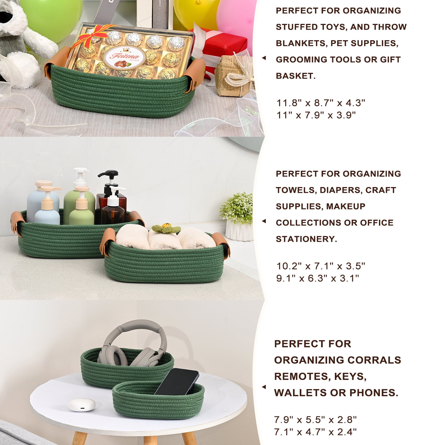 Natubeau 6 Pack Green Woven Storage Baskets, Stackable Cotton Rope Organizer Bins, Sturdy Decorative Rectangle Basket for Shelf, Kitchen, Bathroom, Bedroom & Home Organization