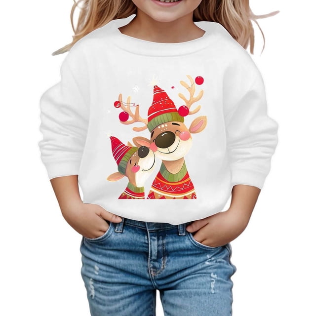 FYEGRE Chandail en Molleton Décontracté pour Petite Fille, Imprimé Festif, Manches Longues, Col Rond, Confortable, Blanc 6-7 Ans