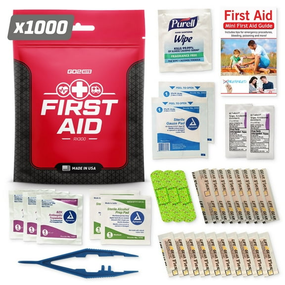 Go2Kits 1000-PACK 34 Piece First Aid Kit Featuring Assorted Bandages, Wipes and First Aid Basics in Compact Reusable Kits for Home, Office & Travel RX300 (1000 Pack)