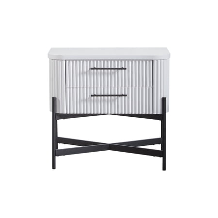 Nightstand with 2 Storage Drawers Solid Wood and MDF White End Table with Reeded Fronts USB Type C Charging Port Metal Accent Base Felt and Cedar Lined Drawers for Bedroom